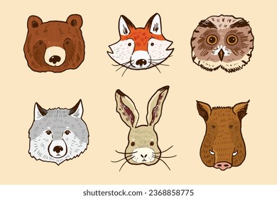 Forest animal face vector illustrations set.