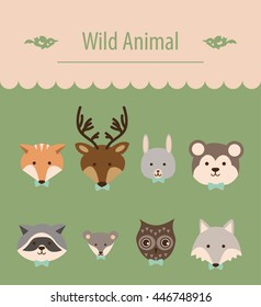Forest animal flat vector illustration in frame. Set of Wild Animals in circle. green background