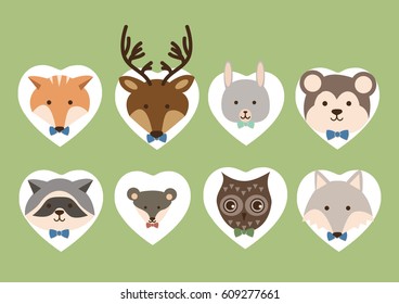Forest animal flat vector illustration in hearts. Set of Wild Animals. green background
