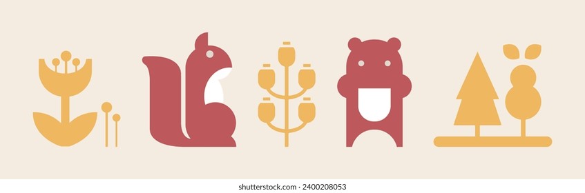 Forest Animal and Flora Wild Nature Icon Vector Set