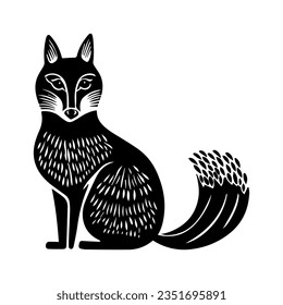 forest animal fox in linocut textured style. Isolated on white background vector illustration. 