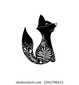 Forest animal fox in linocut textured style. Isolated on white background vector illustration. Modern boho decorative linocut. 