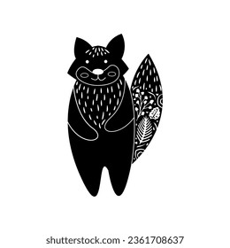 Forest animal fox in linocut textured style. Isolated on white background vector illustration. Modern boho decorative linocut. 