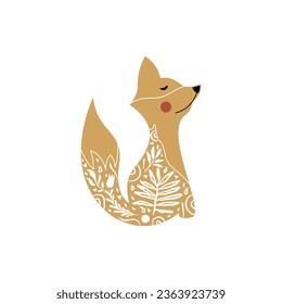 Forest animal fox in linocut textured style. Isolated on white background vector illustration. Modern boho decorative linocut.