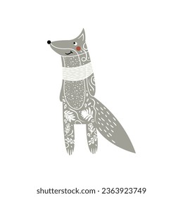 Forest animal fox in linocut textured style. Isolated on white background vector illustration. Modern boho decorative linocut.