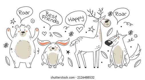 Forest Animal Friends Outline Line Art Doodle Hand Draen Style Abstract Illustration Graphic Design