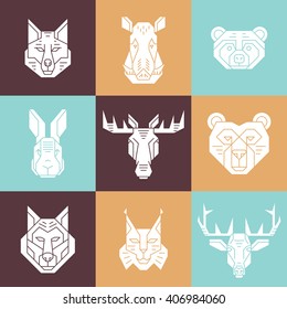 Forest animal heads- vector collection on colored background. Isolated elements, pictograms which can be used as logotypes.