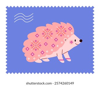 Forest animal hedgehog in minimalist monochrome style with folklore national patterns of Norwegian knitted sweaters lopapeysa on postage stamp. Vector cute illustration for poster, label, handicraft.