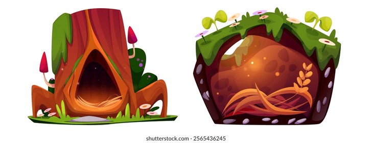 Forest animal houses set isolated on white background. Vector cartoon illustration of tree hole house, underground burrow with nest and sunlight, green grass, flowers and mushrooms, wildlife habitat