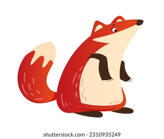 Forest animal icon. Cute friendly fox sits. Character with red fur and fluffy tail for app and social media. Sticker with woodland mammal. Cartoon flat vector illustration isolated on white background