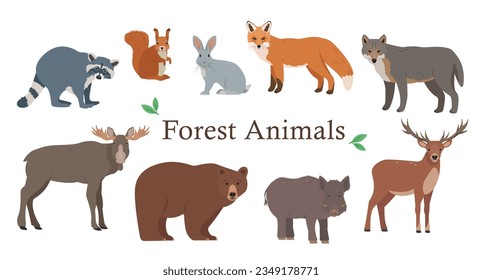 Forest animal icons collection. Wild woodland mammal characters in different poses. Nature Vector icons illustration isolated on white background.