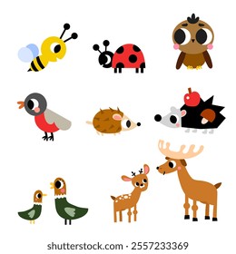 forest animal illustrations bees, ladybugs, birds, hedgehogs, deer, and more in a playful cartoon style. education kid book illustration