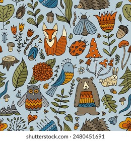 Forest animal life. Seamless pattern background with bear, fox, owl, insects and nature for your design