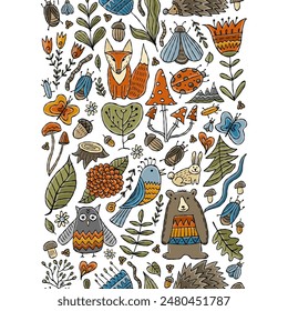 Forest animal life. Seamless pattern background vertical with bear, fox, owl, insects and nature for your design