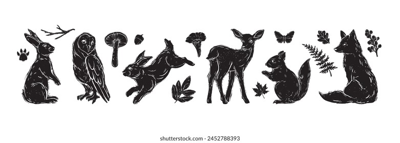 Forest animal linocut icon set, vector nature wooden fauna print, cute rabbit silhouette, baby deer. Woodcut retro Scandinavian engraving illustration, fox, owl, botanical leaf. Forest linocut poster