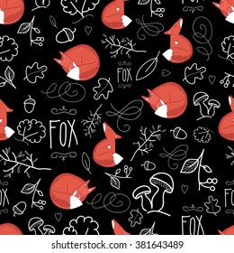 Forest animal loving fox and sleeping fox with doodles seamless pattern