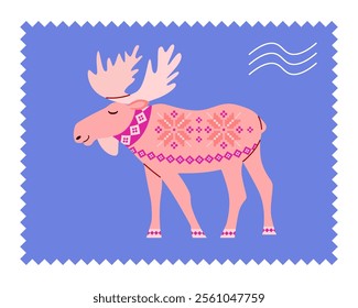 Forest animal moose figure with antlers in vintage folk style with knitted patterns on postcard. Vector illustration for greeting card, packaging, logo. Side view.