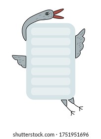 Forest animal paper notes cute cartoon stork. Vector paper notes, calendar. Sticker paper note pastel cartoon. Scandinsvian style.
