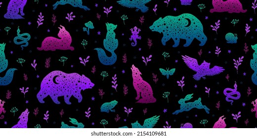 Forest animal pattern. Seamless vector woodland background. Animal pattern design. Wild nature illustration of fox wolf bear rabbit. Magic neon scandinavian print. Cute esoteric kid abstract wallpaper