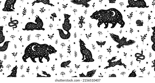 Forest animal pattern. Seamless vector woodland background. Animal pattern design. Wild nature illustration of fox wolf bear rabbit. Moon magic scandinavian print. Cute esoteric kid abstract wallpaper