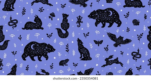 Forest animal pattern. Seamless vector woodland background. Animal pattern design. Wild nature illustration of fox wolf bear rabbit. Moon magic scandinavian print. Cute esoteric kid abstract wallpaper