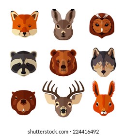 Forest animal portrait flat icons set with fox hare owl isolated vector illustration