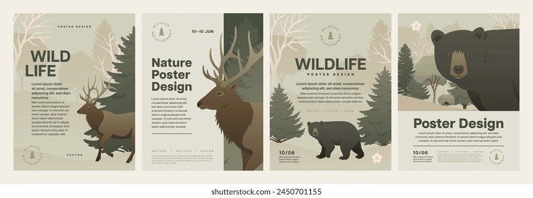 Forest animal poster design set. Animals in nature background vector illustration. Color landscape with trees, bear and deer for flyer or letter.