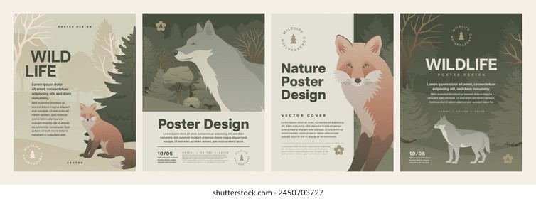 Forest animal poster design set. Animals in nature background vector illustration. Color landscape with trees, fox and wolf for flyer or letter.