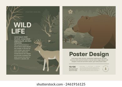 Forest animal poster design set. Wild animals in nature background vector illustration. Night wildlife landscape with grizzly bear and deer for flyer or letter.