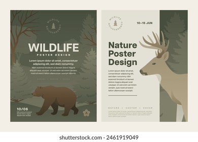 Forest animal poster design set. Wild animals in nature background vector illustration. Night wildlife landscape with bear and deer for flyer or letter.