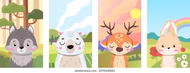 Afiches de animales forestales. Colección de mamíferos en verano. Lobo, oso polar, ciervo y conejo. Césped con campo de lluvia, paisaje rural. Ilustraciones de caricaturas de vectores planos aisladas en fondo blanco