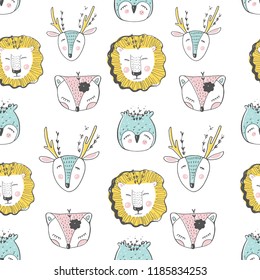 forest animal seamless pattern.lion,fox,deer,owl.hand drawn vector illustration.can be used for kid's,baby's shirt design,fashion print design,fashion graphic,t-shirt,tee