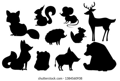 Forest animal set. Black silhouette animal icon collection. Predatory and herbivorous mammals. Flat vector illustration isolated on white background.