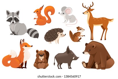 Forest animal set. Colored animal icon collection. Predatory and herbivorous mammals. Flat vector illustration isolated on white background.