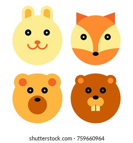 Forest Animal Set. Rabbit, Fox, Bear and Beaver Cartoon Animal Head 