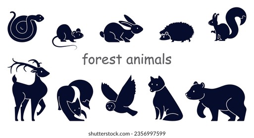 Forest animal set. Vector black and white logo collection. Wildlife animals print pack. Modern childish style logotype.