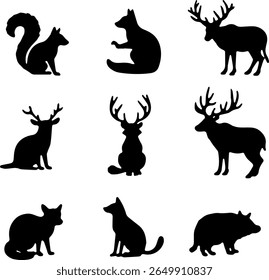 Silhuetas de animais silvestres conjunto 12 ícones de vetor de floresta selvagem