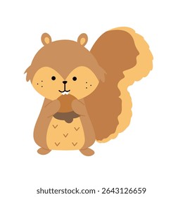 Forest animal squirrel holding acorn in paws in cartoon style on white background