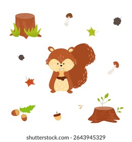 Forest animal squirrel holds an acorn in its paws, hand drawn in cartoon style with textures on a white background, stump, mushrooms,leaves,cones, acorns,for printing postcards,banners, advertising