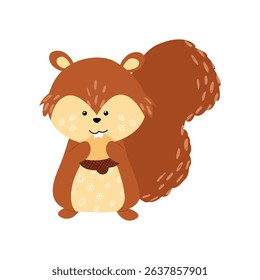 Forest animal squirrel with a nut in its paws in cartoon style with trendy textures on a white background