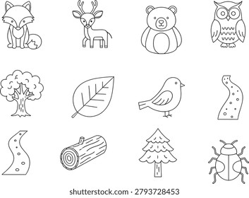 Forest animal tree nature hand drawn line art icon collection