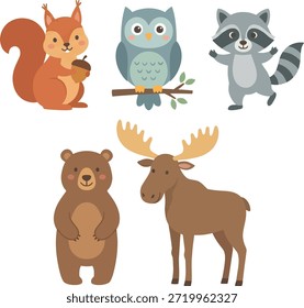 Forest animal vector collection featuring squirrel, owl, bear, raccoon, and moose illustrated in cute flat pastel style. Suitable for children books, nursery decoration, educational designs, posters, and printable materials.
