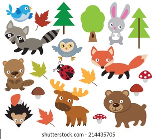 Cute Woodland Animals Set Forest Elements Stock Vector (Royalty Free ...