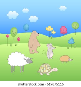 Forest animal vector illustration. Bear, sheep, mouse, hedgehog, turtle