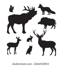 Colección de conjunto de ilustraciones de vectores de animales de bosque - Silueta negra de animales aislados en fondo blanco