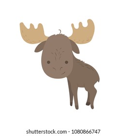 Forest animal vector with isolated cartooning little elk moose. Good as print card sticker for kids accesories