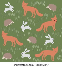 Forest animal vector pattern. Cute background with fox, rabbit and hedgehog. 