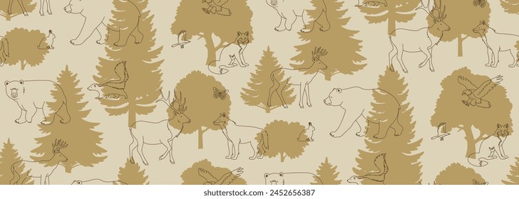 Forest animal vector seamless pattern. Animals and trees illustration. Nature sand camouflage wallpaper design. Monochrome background.