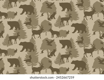 Forest animal vector seamless pattern. Animals and trees silhouette illustration. Nature brown camouflage wallpaper design. Monochrome background.