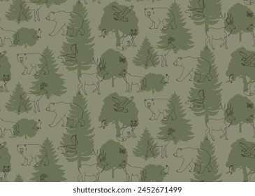 Forest animal vector seamless pattern. Animals and trees illustration. Nature green camouflage wallpaper design. Monochrome background.